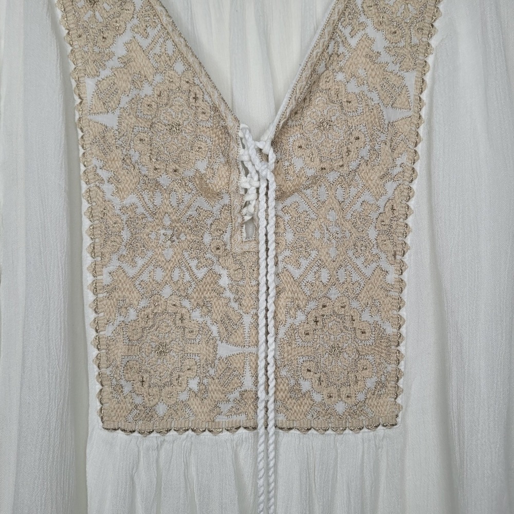 Sundance Palace Pathway Tunic Sz L White Gold Embroidered Lace-up Tasseled Boho - Picture 7 of 10